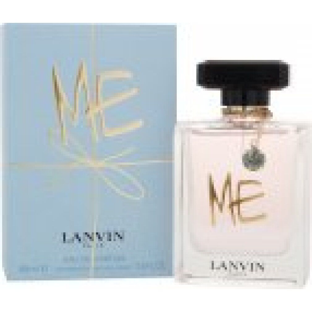 Flacon de parfum et emballage. Flacon avec bouchon noir et pendentif. Inscription "ME". Marque : Lanvin.