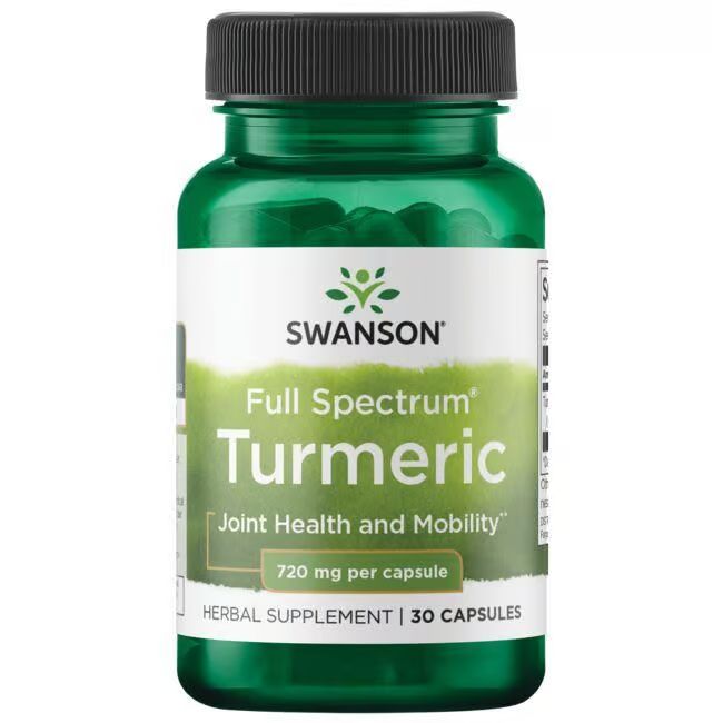 Flacon vert de gélules. Inscription: SWANSON, Full Spectrum Turmeric, 720 mg par gélule, 30 gélules.