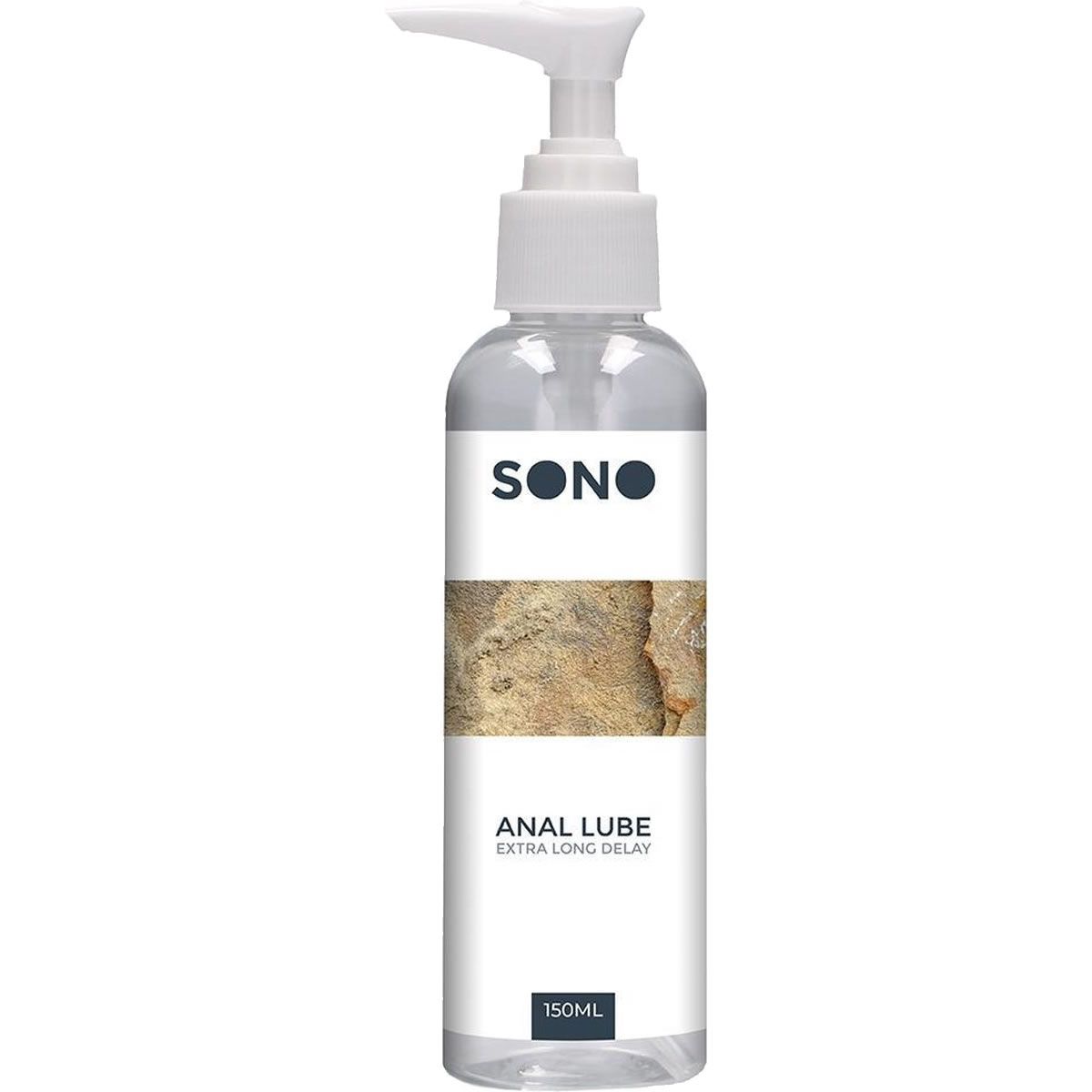 Flacon transparent avec pompe blanche. Étiquette avec logo SONO, nom du produit et indication de volume.