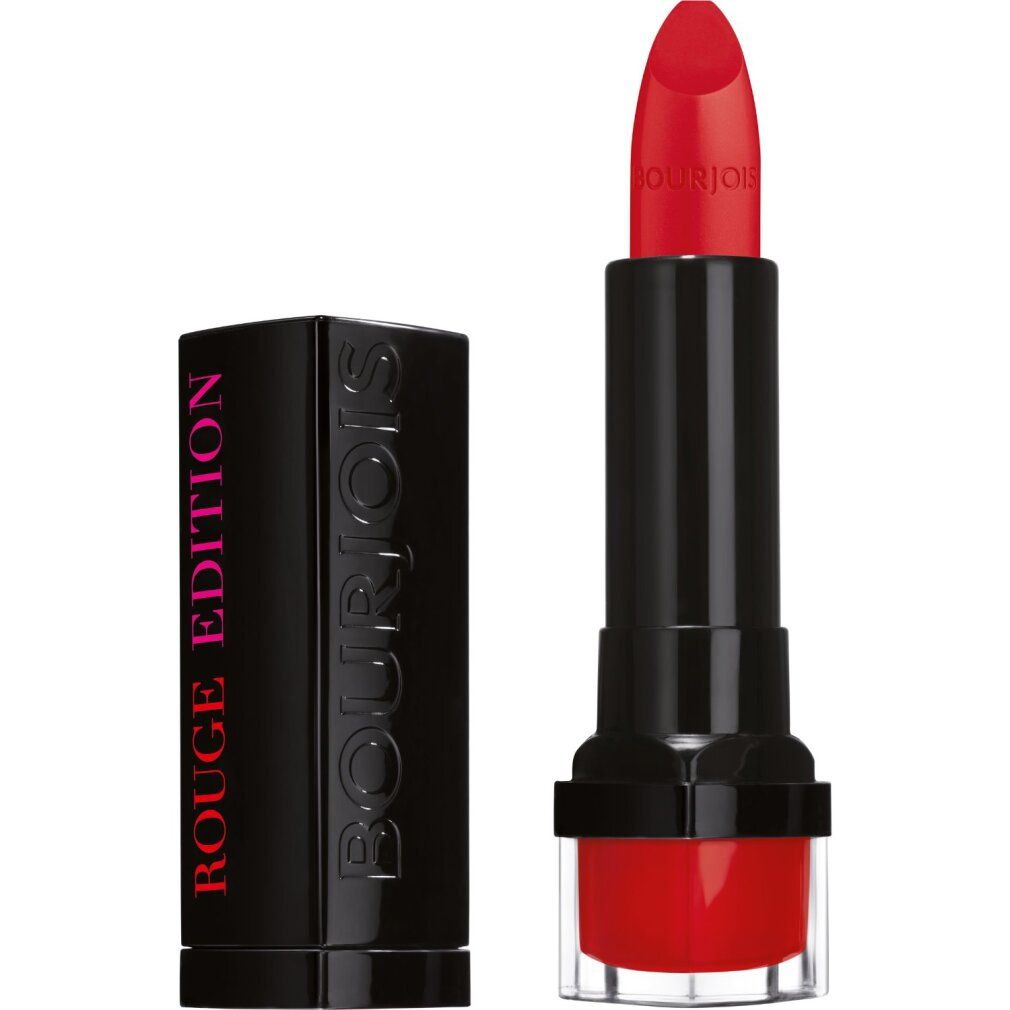 Rode Bourjois lippenstift, geopend. Zwarte stick, rode lippenstift. Dop ernaast. "ROUGE EDITION" en "Bourjois" op de dop.