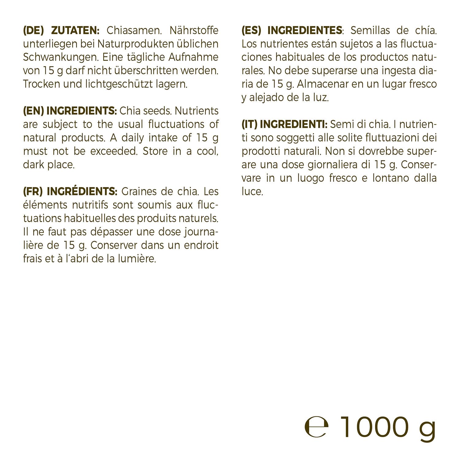 Texte sur les ingrédients et le stockage des graines de chia. Contient des informations en allemand, anglais, espagnol, français et italien.