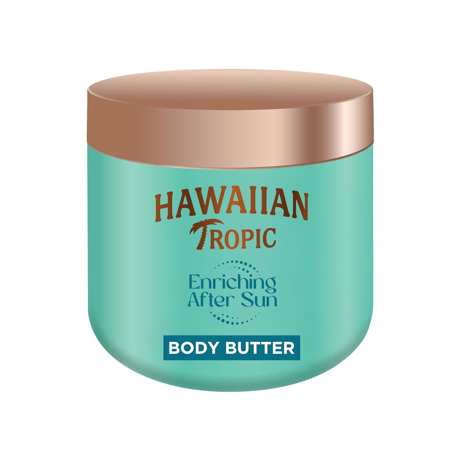 Pot turquoise avec couvercle doré. Inscription: Hawaiian Tropic, Enriching After Sun, Body Butter.