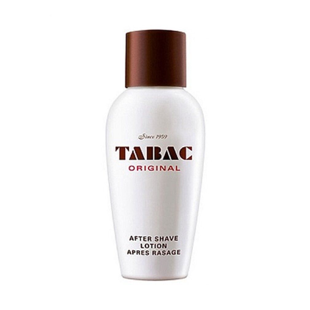 Flacon blanc avec bouchon marron. Logo et texte Tabac Original. Lotion après-rasage. Après Rasage.