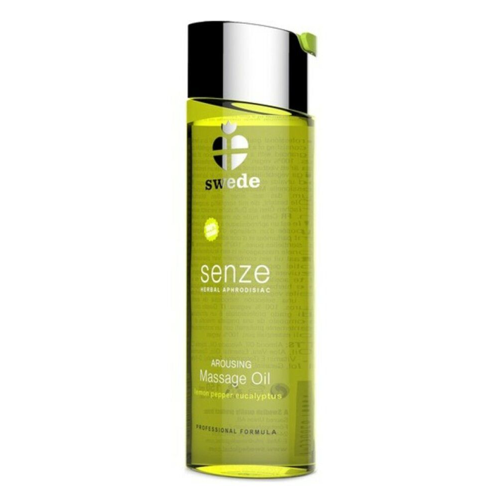 Huile de massage Swede Senze, 100ml. Liquide jaune dans une bouteille transparente avec bouchon argenté.