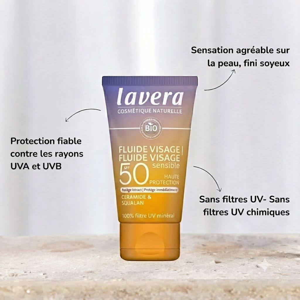 Fluide visage Lavera LSF 50, certifié BIO, avec céramide et squalane. Protection UV minérale.