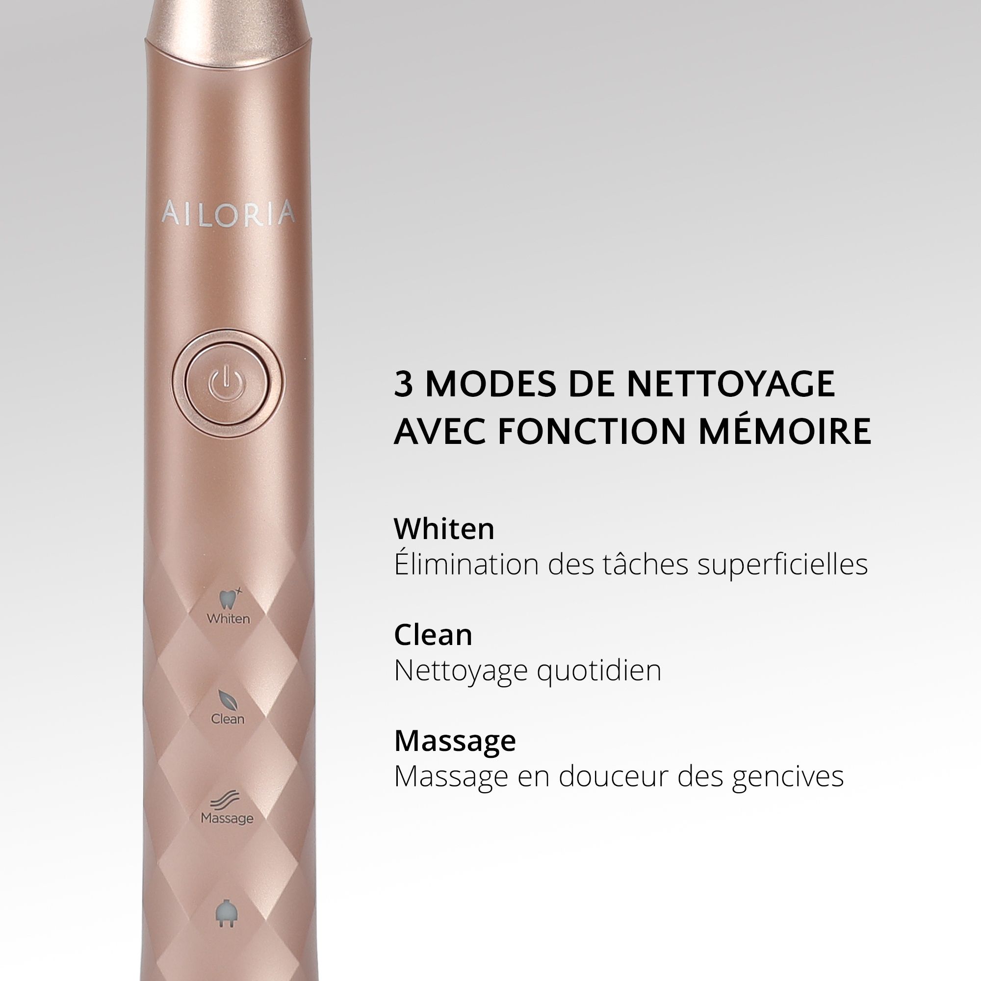 Brosse à dents or rose. Trois modes : Blanchiment, Nettoyage, Massage. Logo AILORIA.
