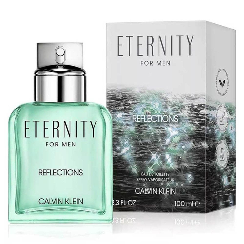 Lichtgroene fles en verpakking. Opschrift: Eternity for Men Reflections, Calvin Klein. 100 ml.