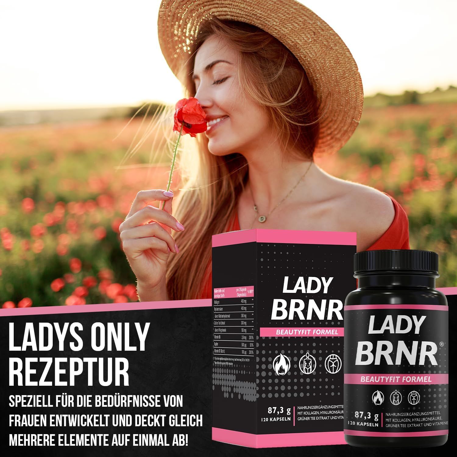 Emballage et flacon. Emballage: rose-noir, texte: LADY BRNR, BEAUTYFIT FORMEL, 120 gélules. Flacon: noir, étiquette rose.