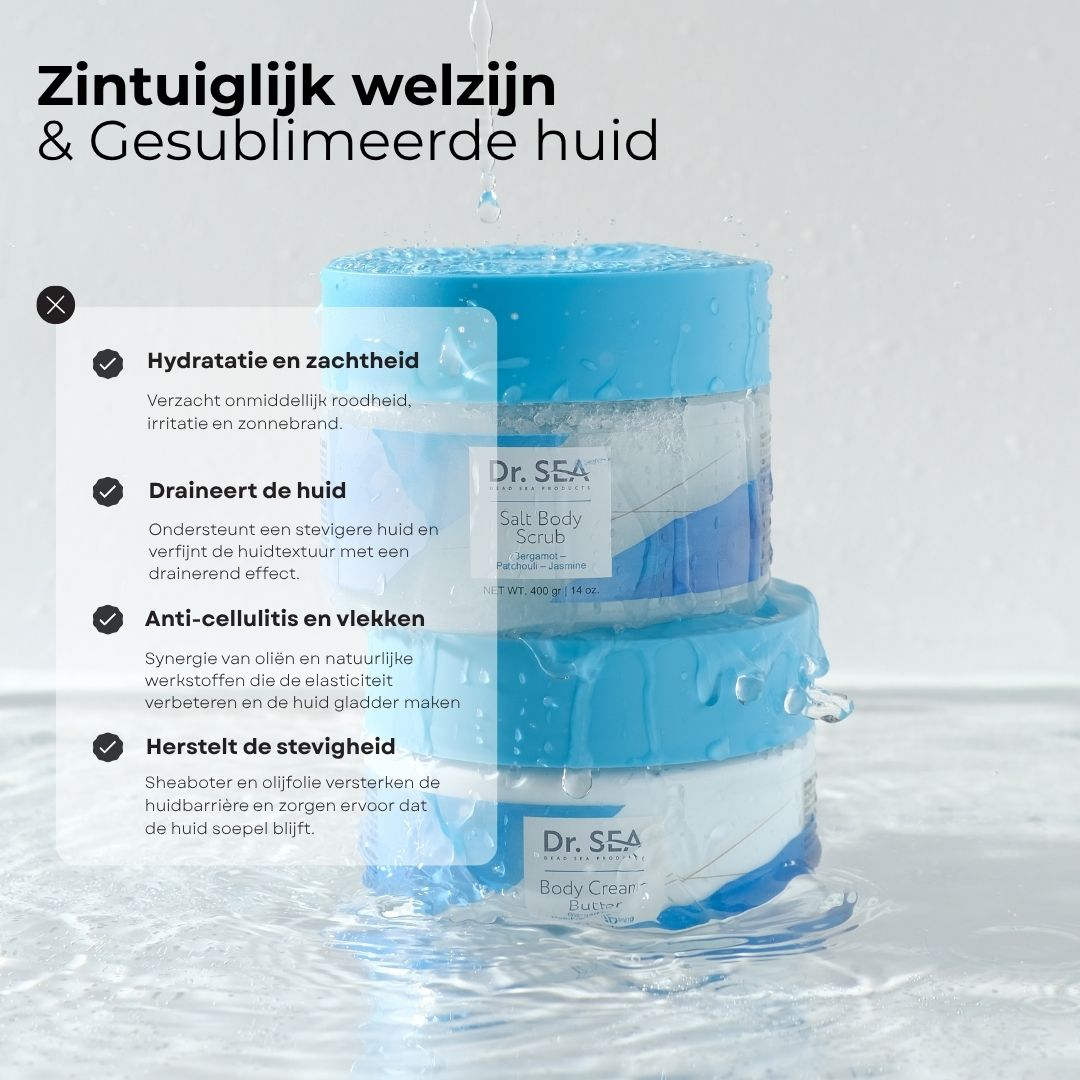 Twee potten met blauwe deksels. Tekst: Hydratatie en zachtheid, Draineert de huid, Anti-cellulitis en vlekken, Herstelt de stevigheid.