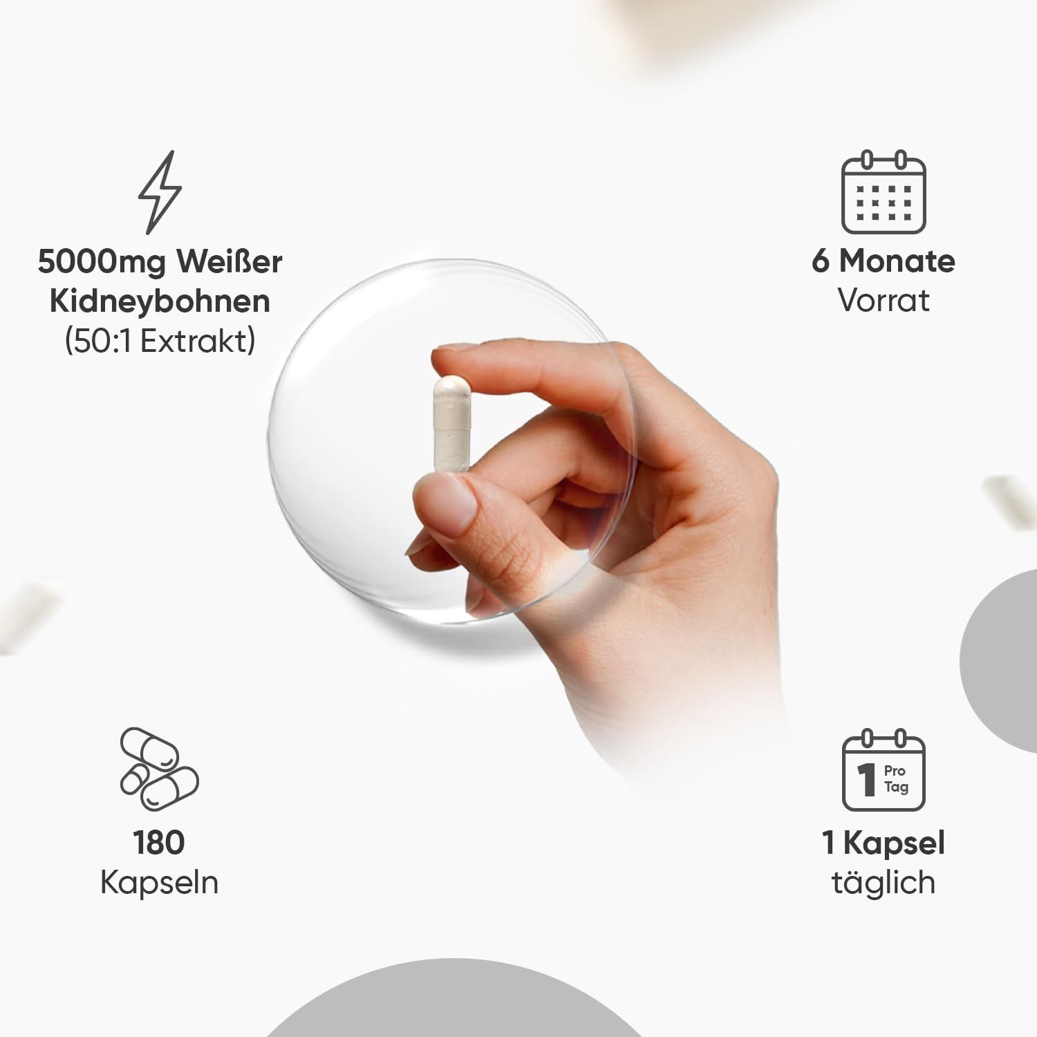 Hand houdt capsule vast. Tekst: 5000mg, 6 maanden voorraad, 180 capsules, 1 capsule per dag.