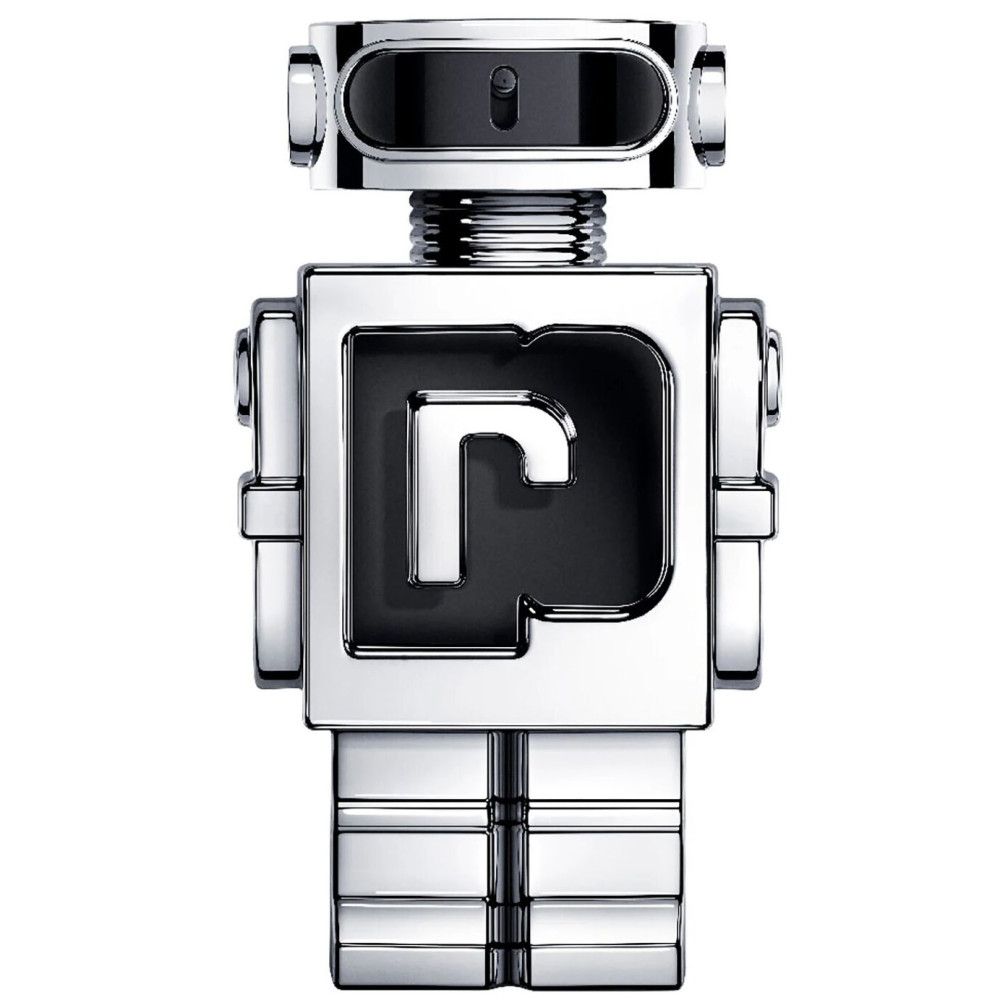 Zilverkleurige fles in robotvorm. Zwart "P" logo. Cilindrische hals, rechthoekig lichaam, rechthoekige voeten.