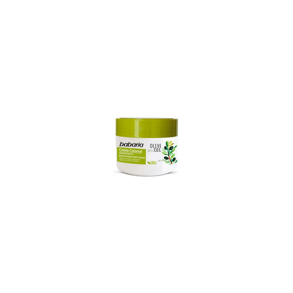 Crème corporelle Babaria à l'huile d'olive dans un pot blanc avec couvercle vert et motif de branche d'olivier.