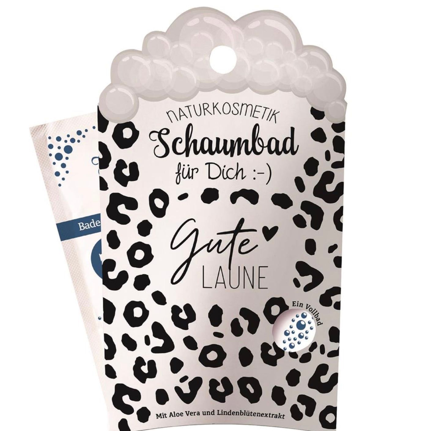 Emballage à motif léopard. Texte : Schaumbad für Dich, Gute Laune. Avec Aloe Vera et extrait de fleurs de tilleul. Un bain complet.