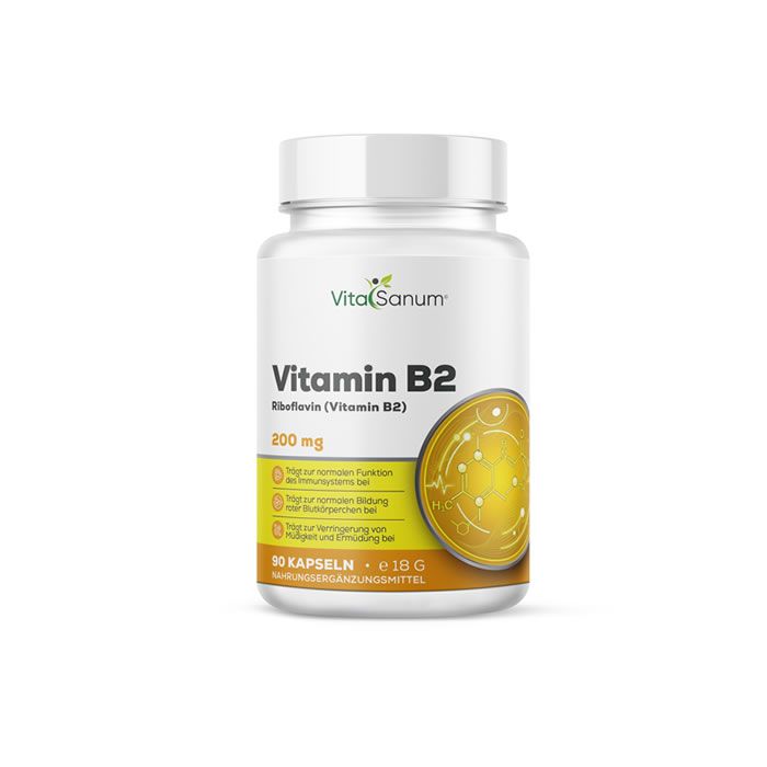 Witte pillenpot met etiket. Opschrift: VitaSanum Vitamine B2, 200 mg, 90 capsules. Geel designelement.