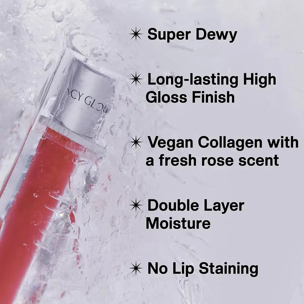 Lip tint fles in water. Tekst: Super Dewy, Long-lasting High Gloss Finish, Vegan Collagen, Double Layer Moisture, No Lip Staining.