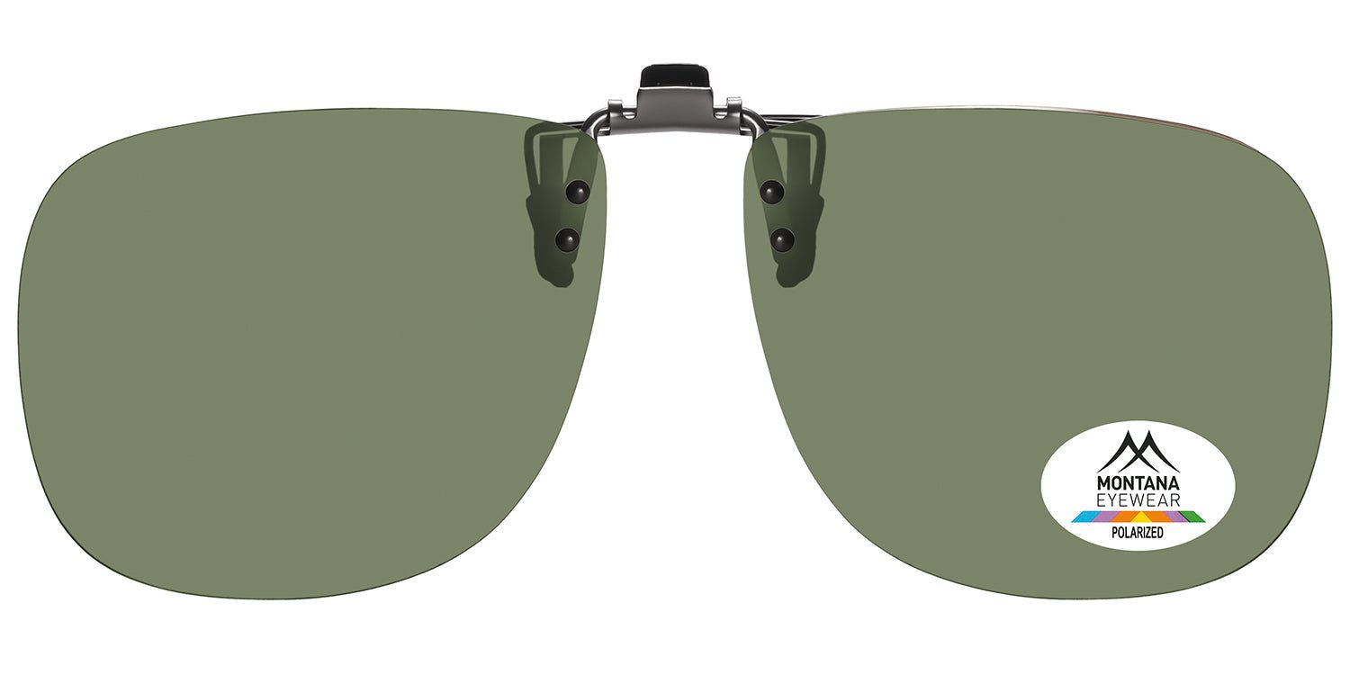 Lunettes de soleil à clipser avec verres verts. Design ovale, clip argenté. Logo Montana Eyewear et autocollant Polarized.