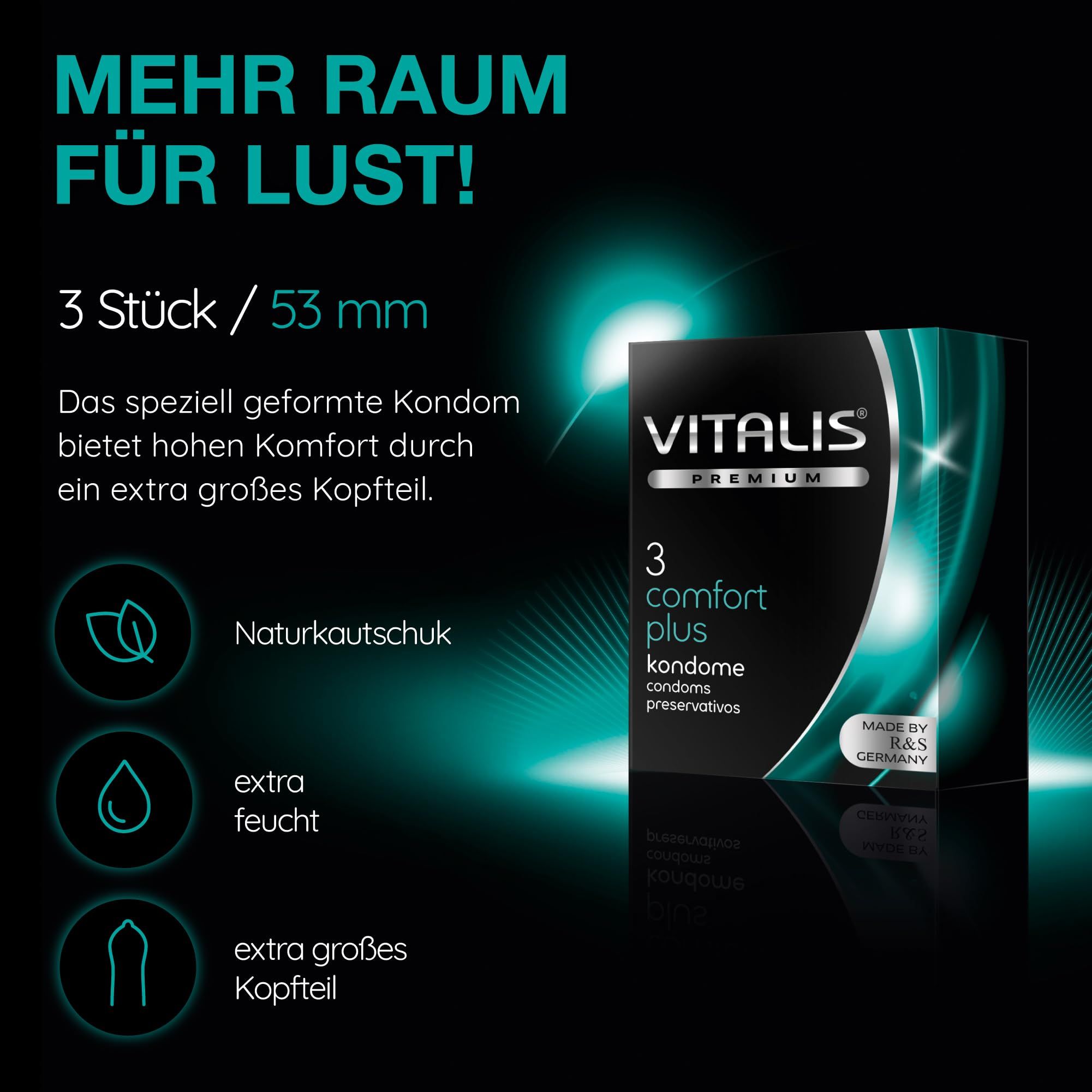 Préservatifs Vitalis PREMIUM Comfort Plus: 3 pcs, 53 mm. Latex naturel, extra lubrifiés.