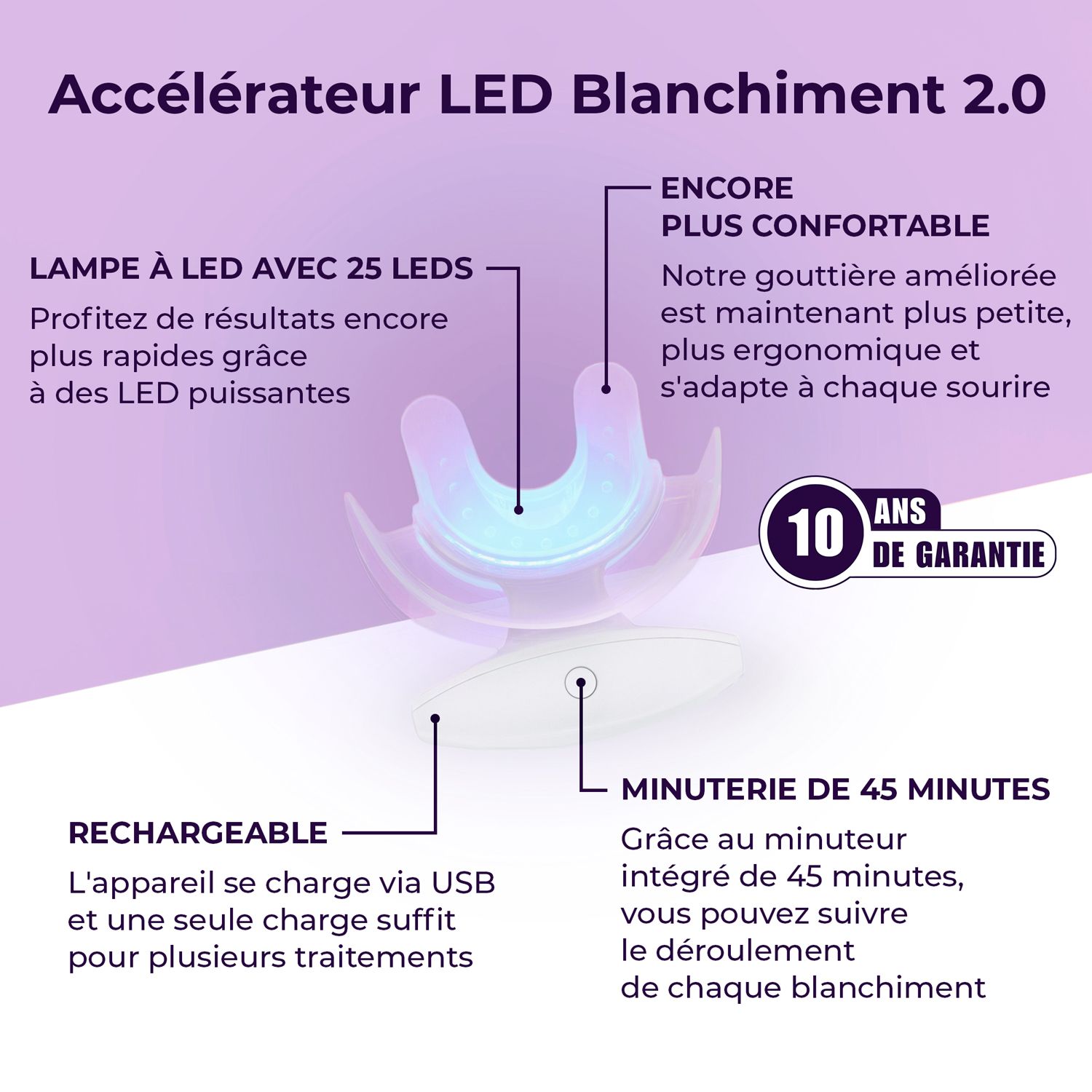 LED-Blanchiment-Boost 2.0. Lampe LED avec 25 LED. Rechargeable. Minuteur 45 minutes. 10 ans de garantie.