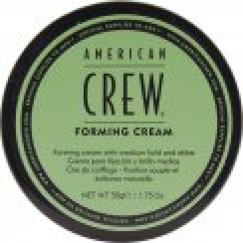 Couvercle vert avec bord noir. Inscription: AMERICAN CREW FORMING CREAM. Texte en vert et noir.