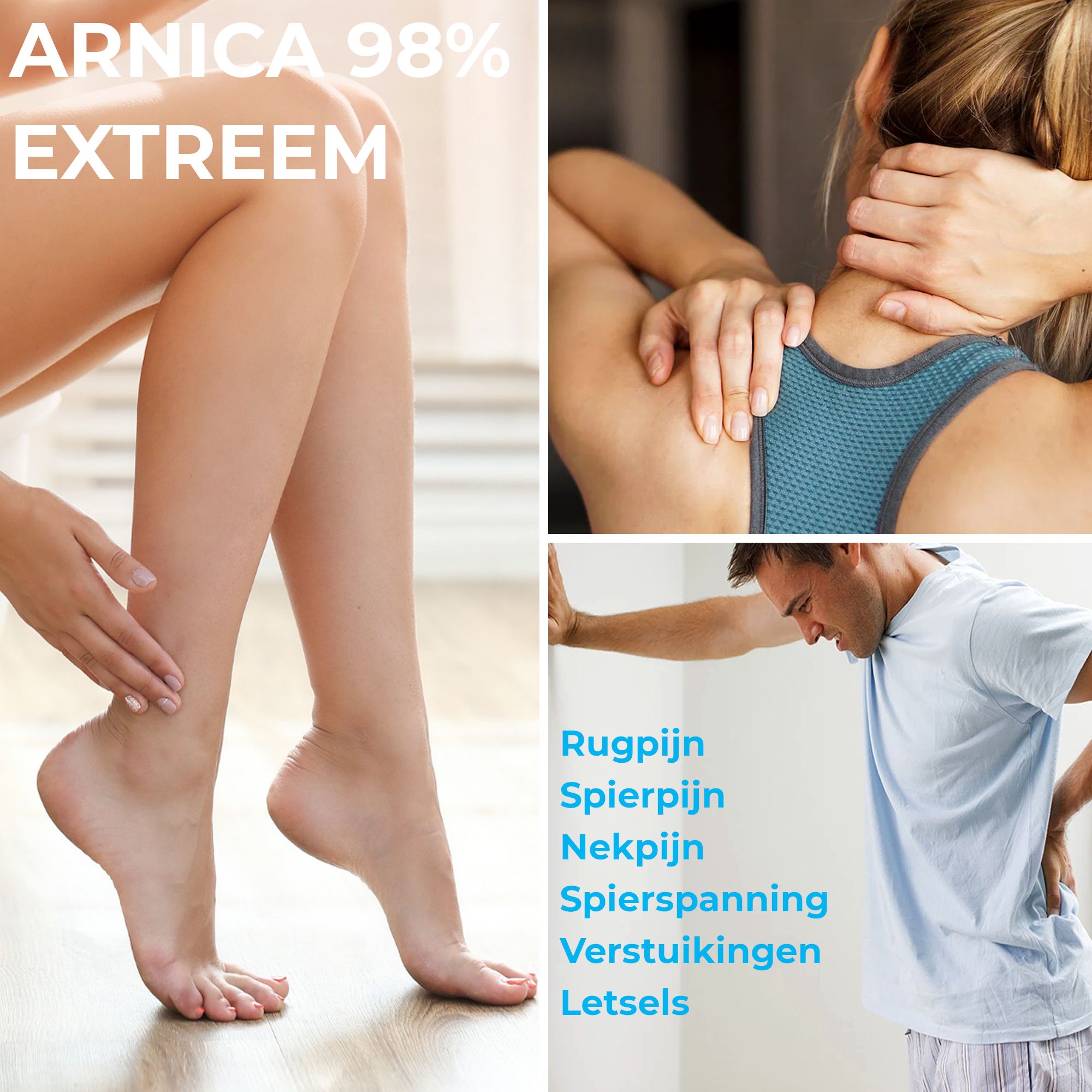 Collage: Schouder, knie en rug. Duivelsklauw + Arnica voor spiergezondheid.