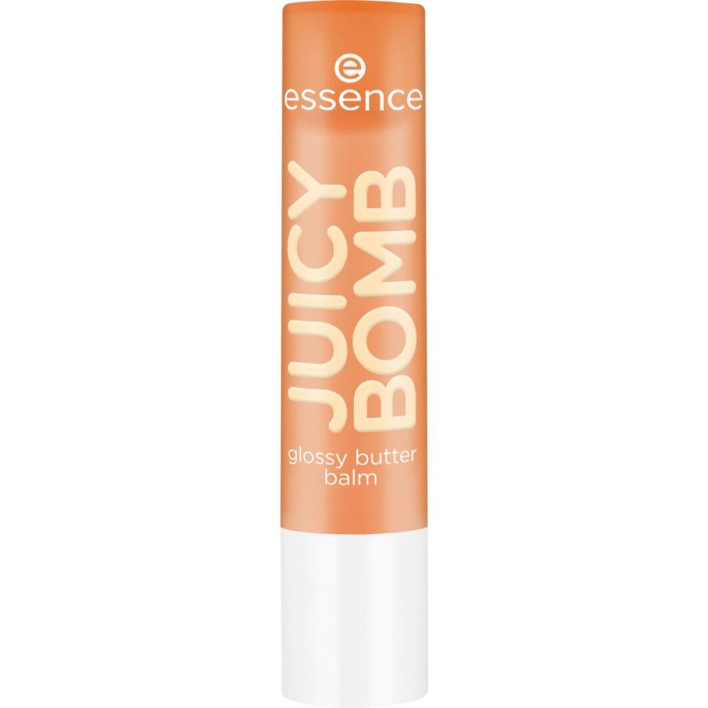Lipbalsem, oranje huls met witte bodem. Opschrift Juicy Bomb en essence. Op witte achtergrond.