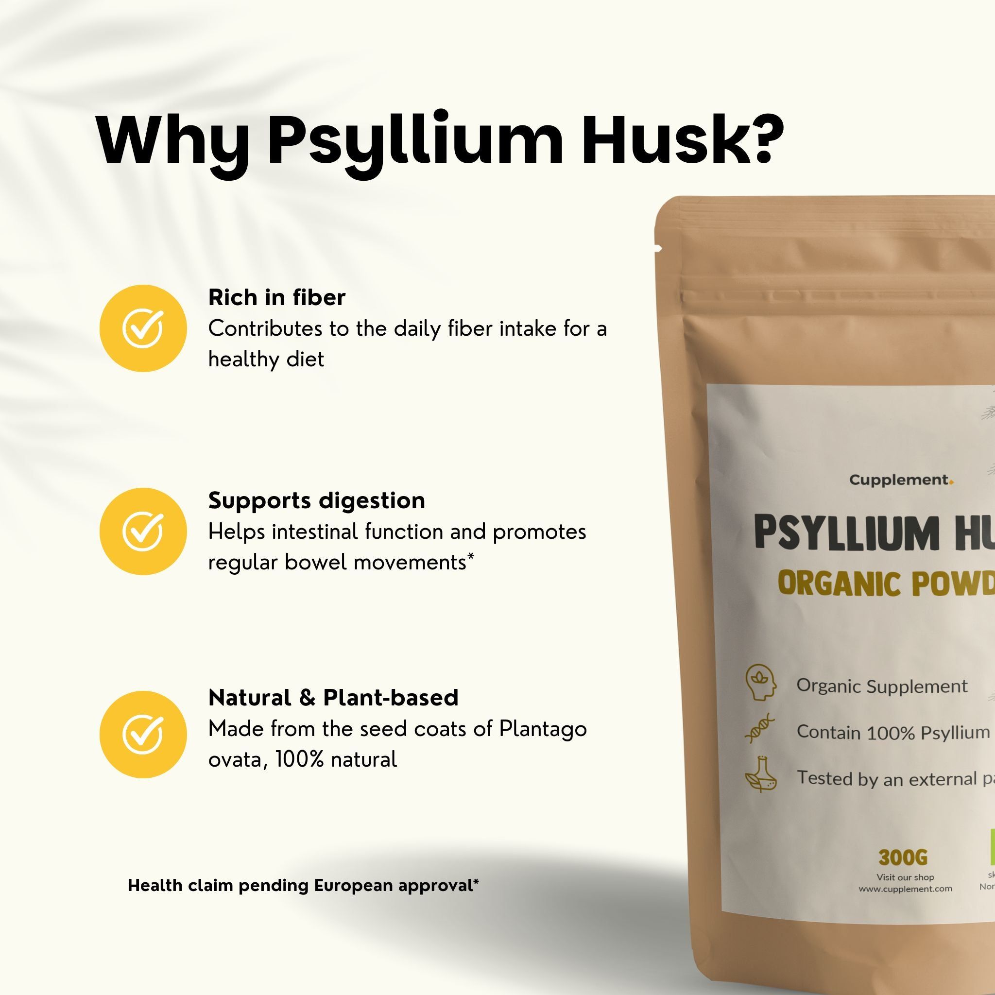 Texte avec sachet. Texte : Pourquoi Psyllium Husk ?, riche en fibres, favorise la digestion.