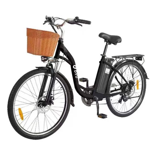 Vélo électrique noir avec panier. Logo DYU sur le cadre. Panier orange. Batterie et porte-bagages.