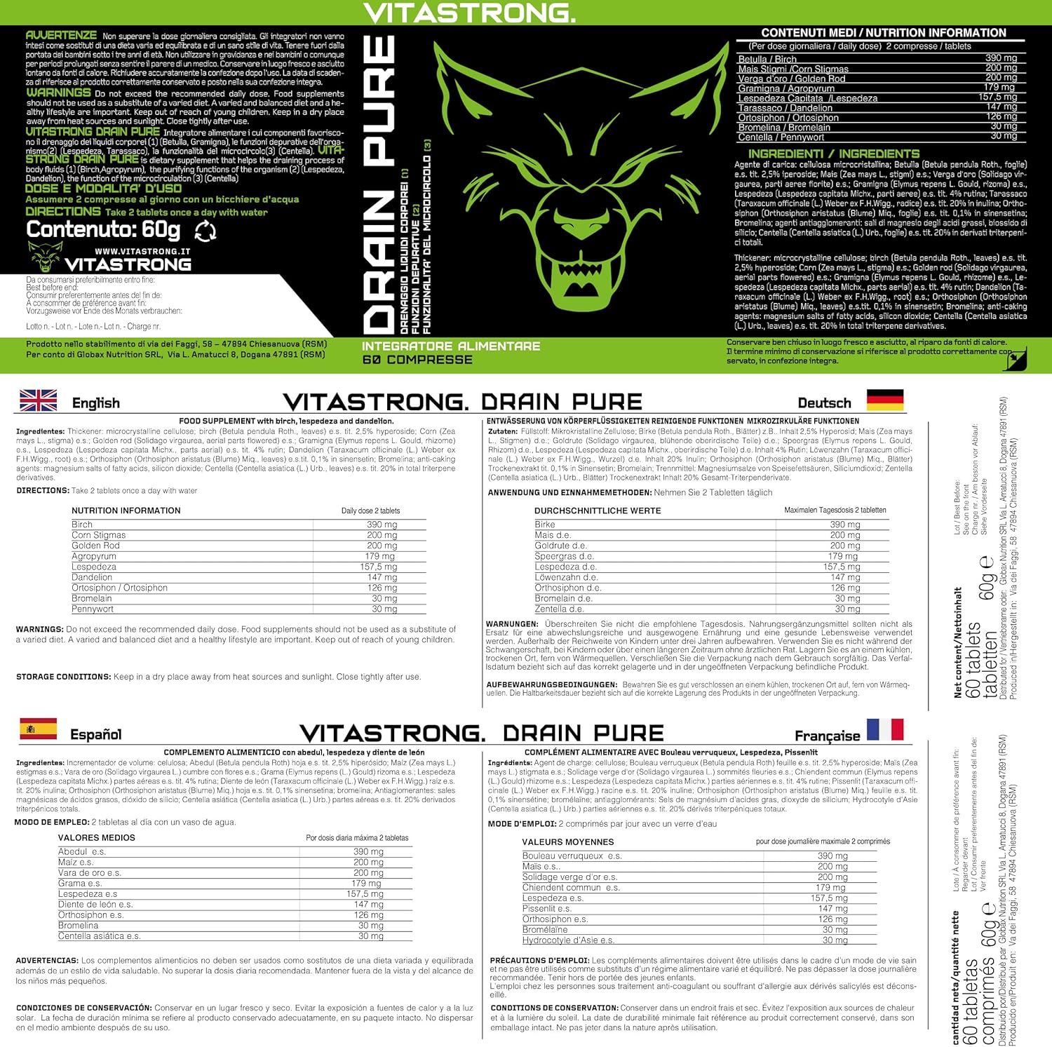 Vitastrong Drainpure, 60 comprimés. Bouteille noire avec étiquette verte. Logo de loup. Inscription : Drain Pure. Étiquette multilingue.