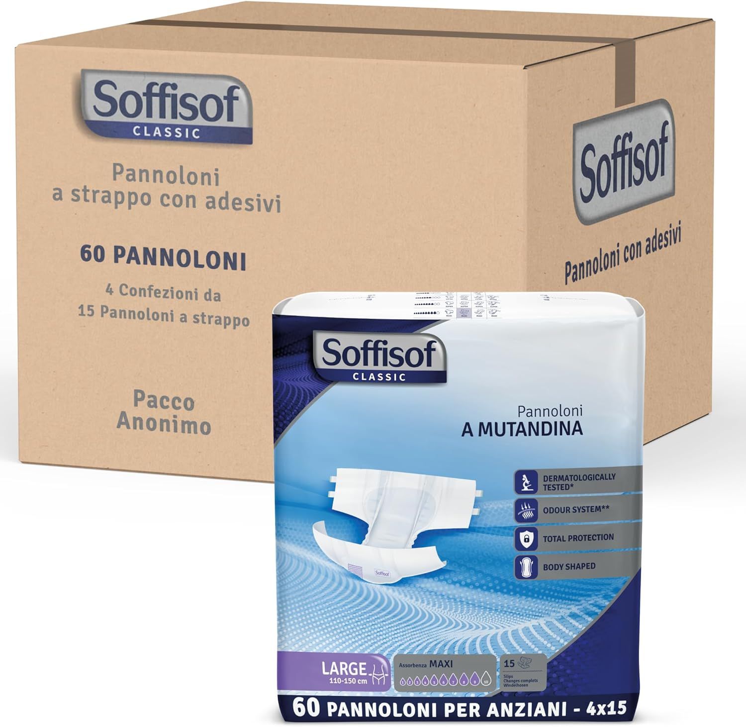 Couches Soffisof Classic pour adultes, paquet et carton. 60 par paquet. Avec adhésifs. Emballage anonyme.
