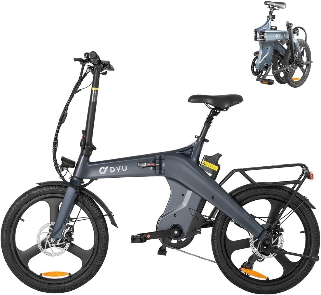 Grijze DYU e-citybike met bagagerek. Opvouwbaar frame, zwarte wielen, koplamp, achterlicht. DYU-logo.