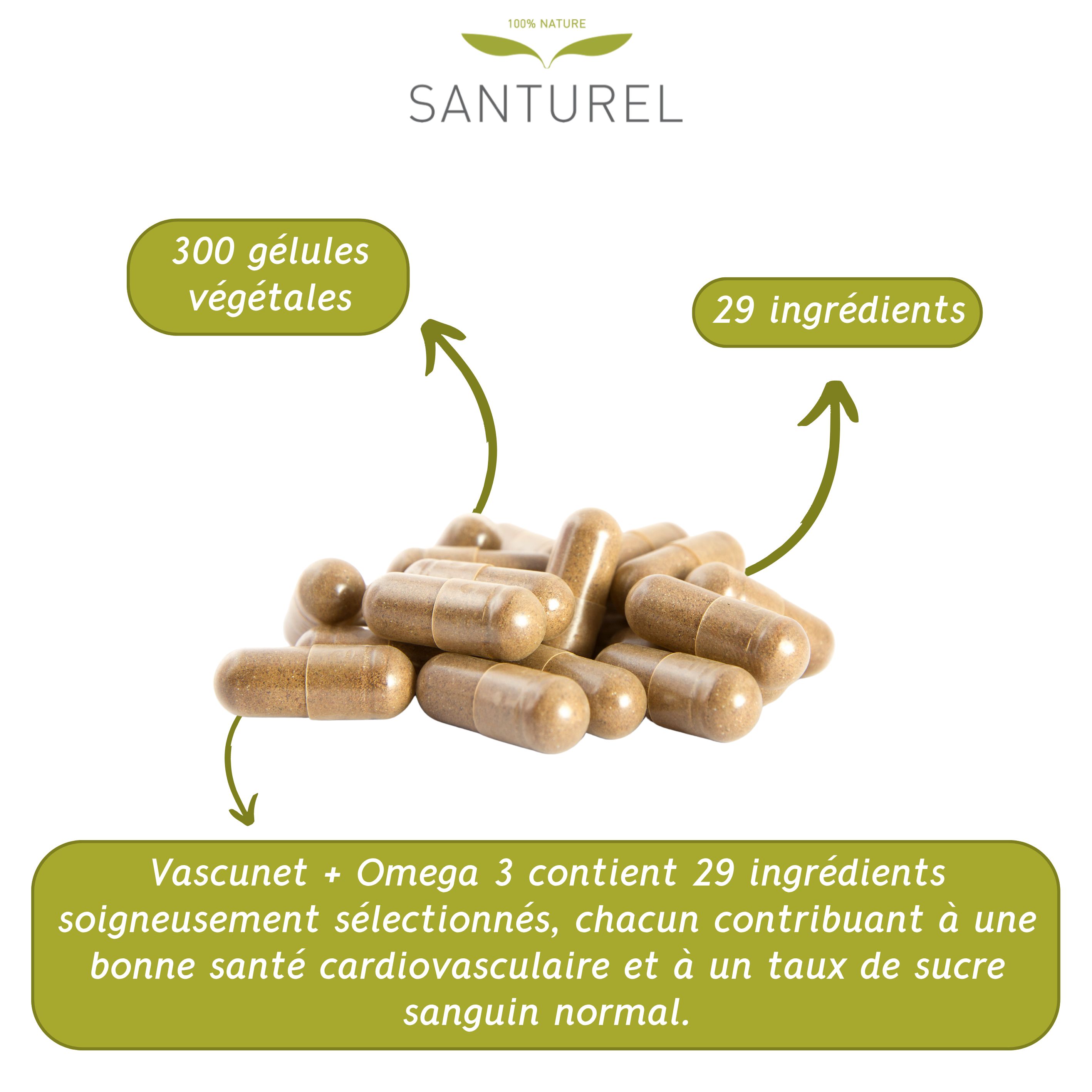 Tas de gélules brunes. 300 gélules végétales, 29 ingrédients. Texte: VascuNET + Omega 3 avec 29 ingrédients.