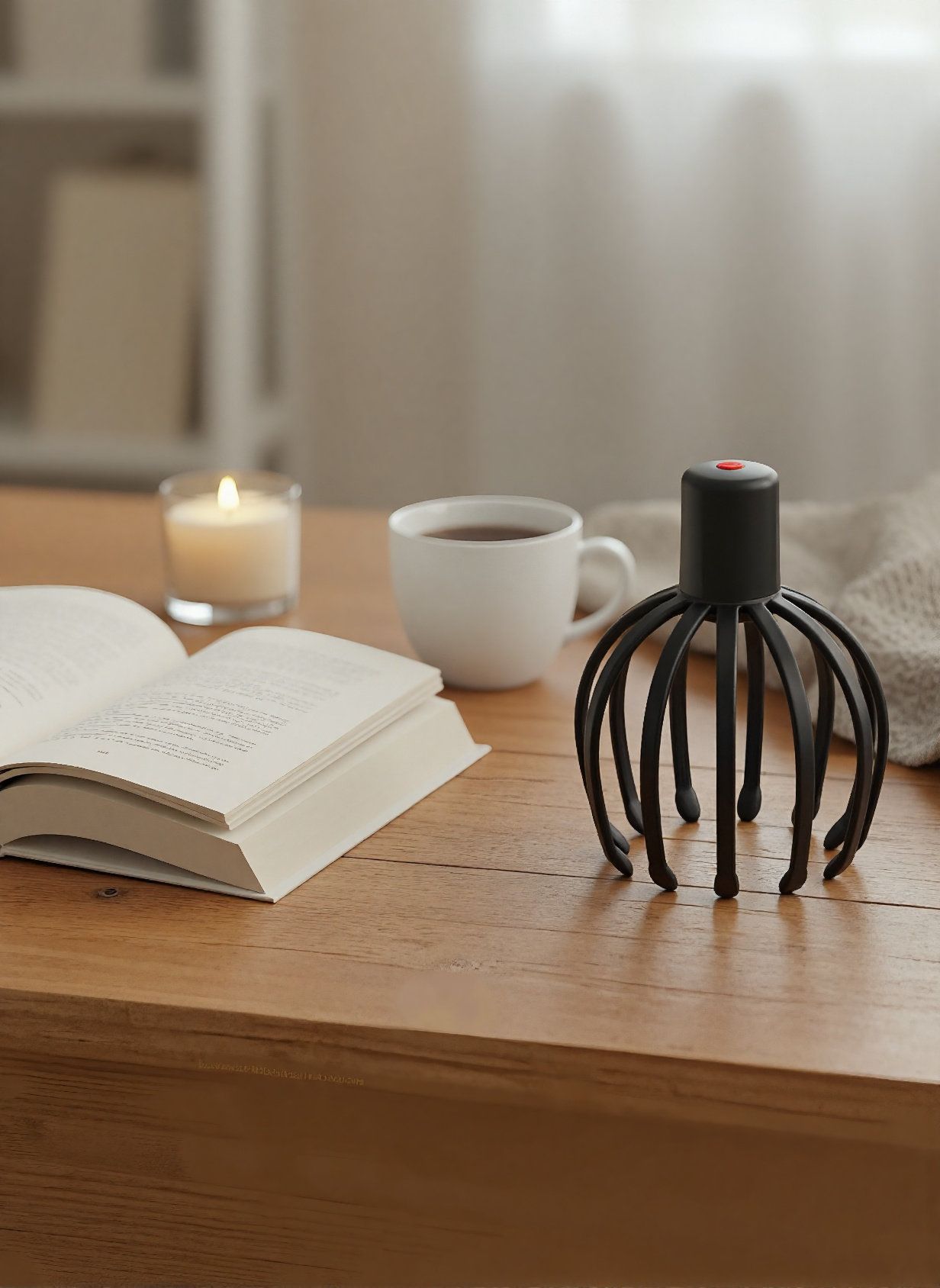 Masseur de cuir chevelu noir sur une table en bois. À côté, une tasse et un livre.