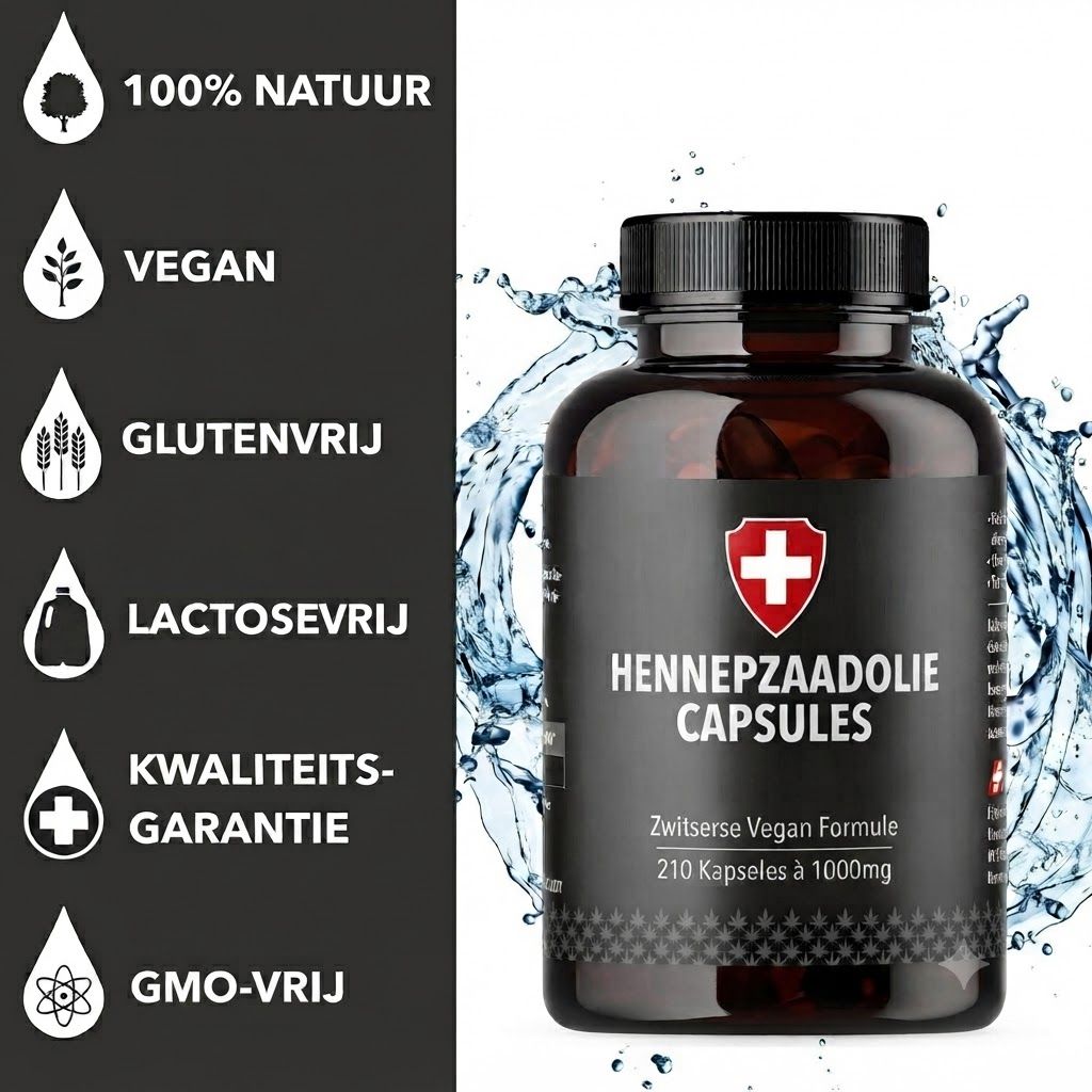 Bruine fles met hennepzaadolie capsules, 210 capsules à 1000mg. Links: keurmerken voor 100% natuur, vegan, glutenvrij, lactosevrij, kwaliteitsgarantie, GMO-vrij.