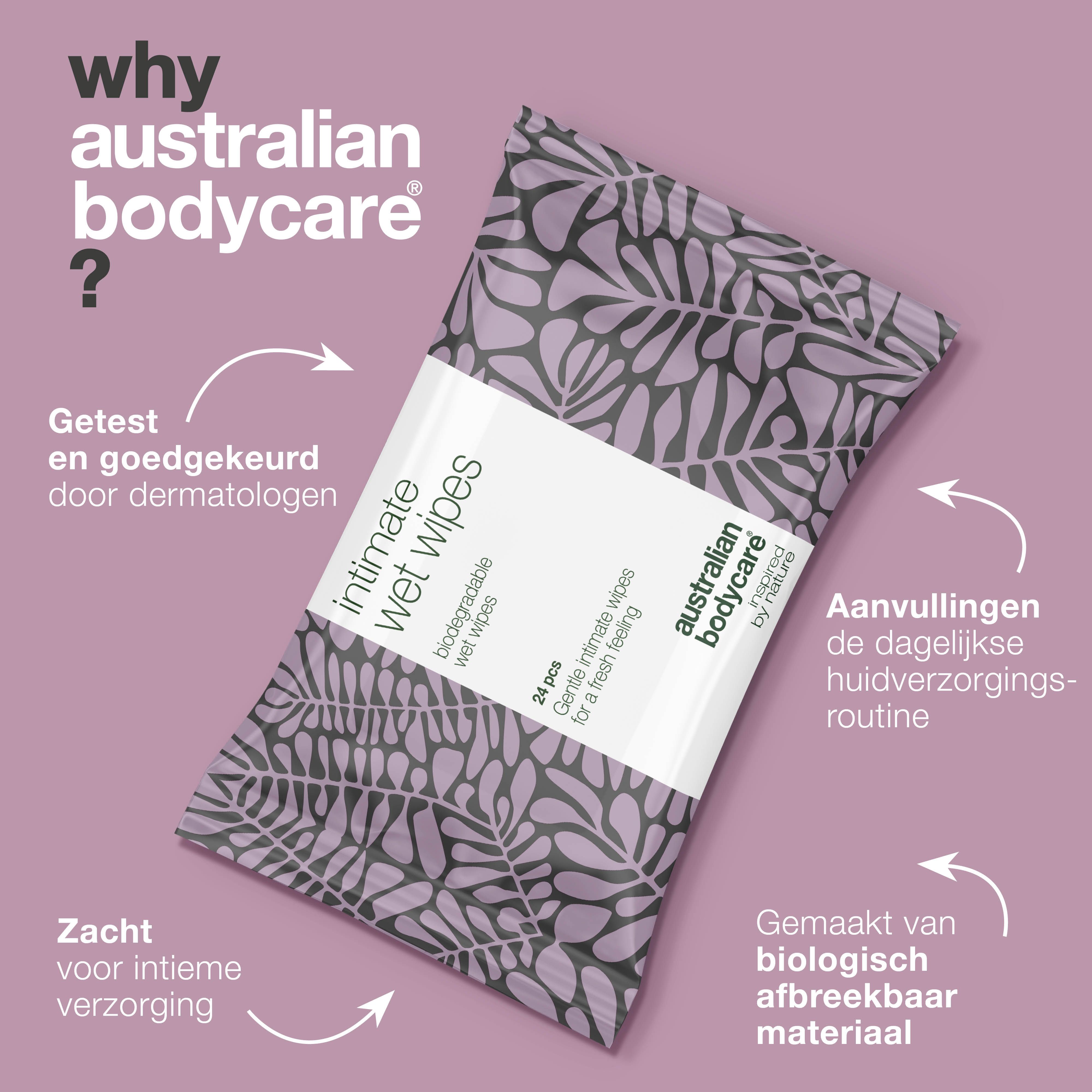 Productinformatie. Intieme doekjes. Merk: Australian Bodycare. Tekst: Getest en goedgekeurd door dermatologen.
