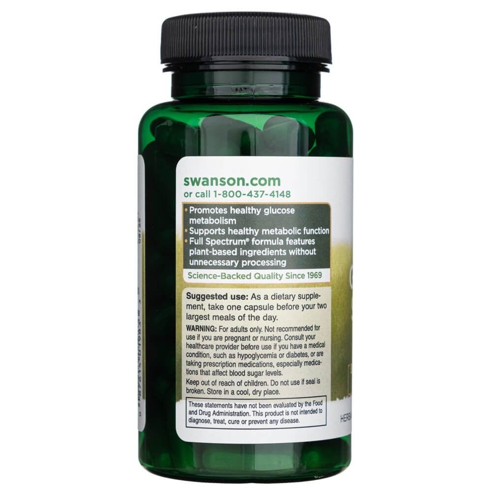 Arrière d'une bouteille Swanson Gymnema Sylvestre, avec avantages du produit et instructions d'utilisation.