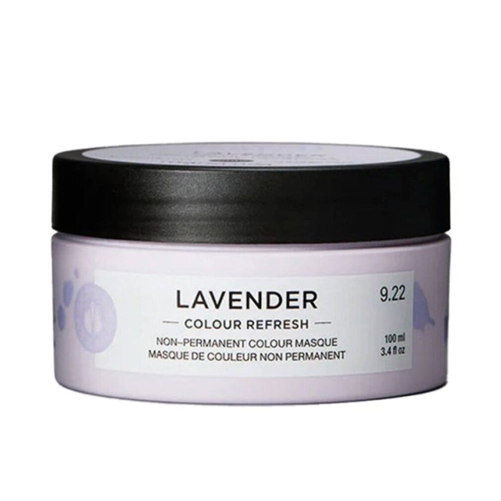 Ronde pot met zwart deksel. Opschrift: Lavender Colour Refresh, 9.22. Lila etiket. Merk: Maria Nila. 100 ml.