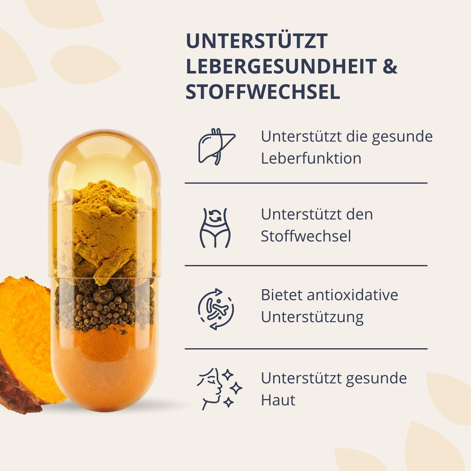 Gedetailleerde weergave van een Curcuma Cleanse capsule, met kurkumapoeder en peperkorrels.