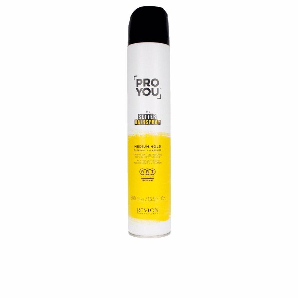 Bombe de laque blanche et noire. Inscription: PRO YOU, THE SETTER HAIRSPRAY, MEDIUM HOLD. Zone jaune avec texte et logo.