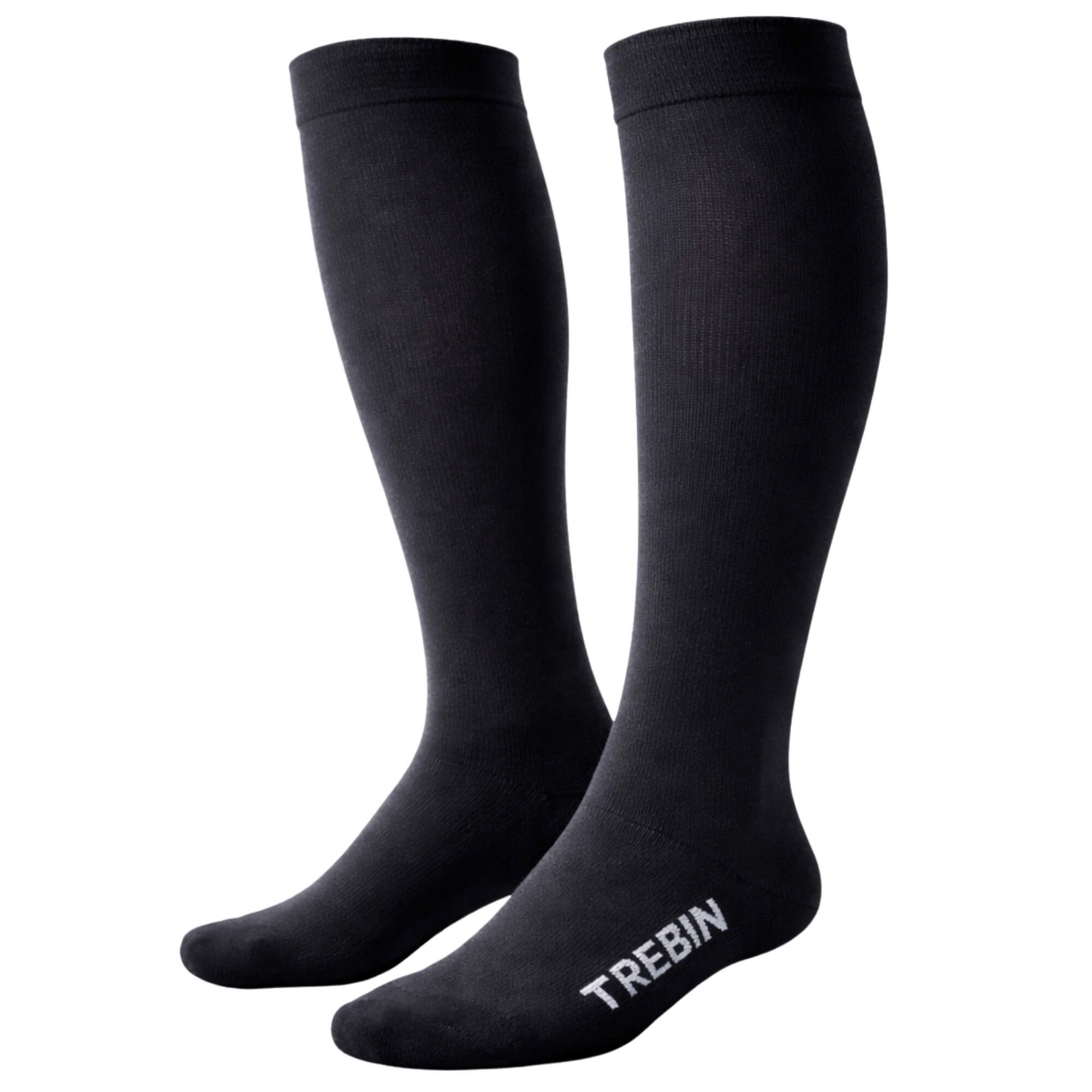 Paire de chaussettes de compression noires avec le nom de marque 'TREBIN'.
