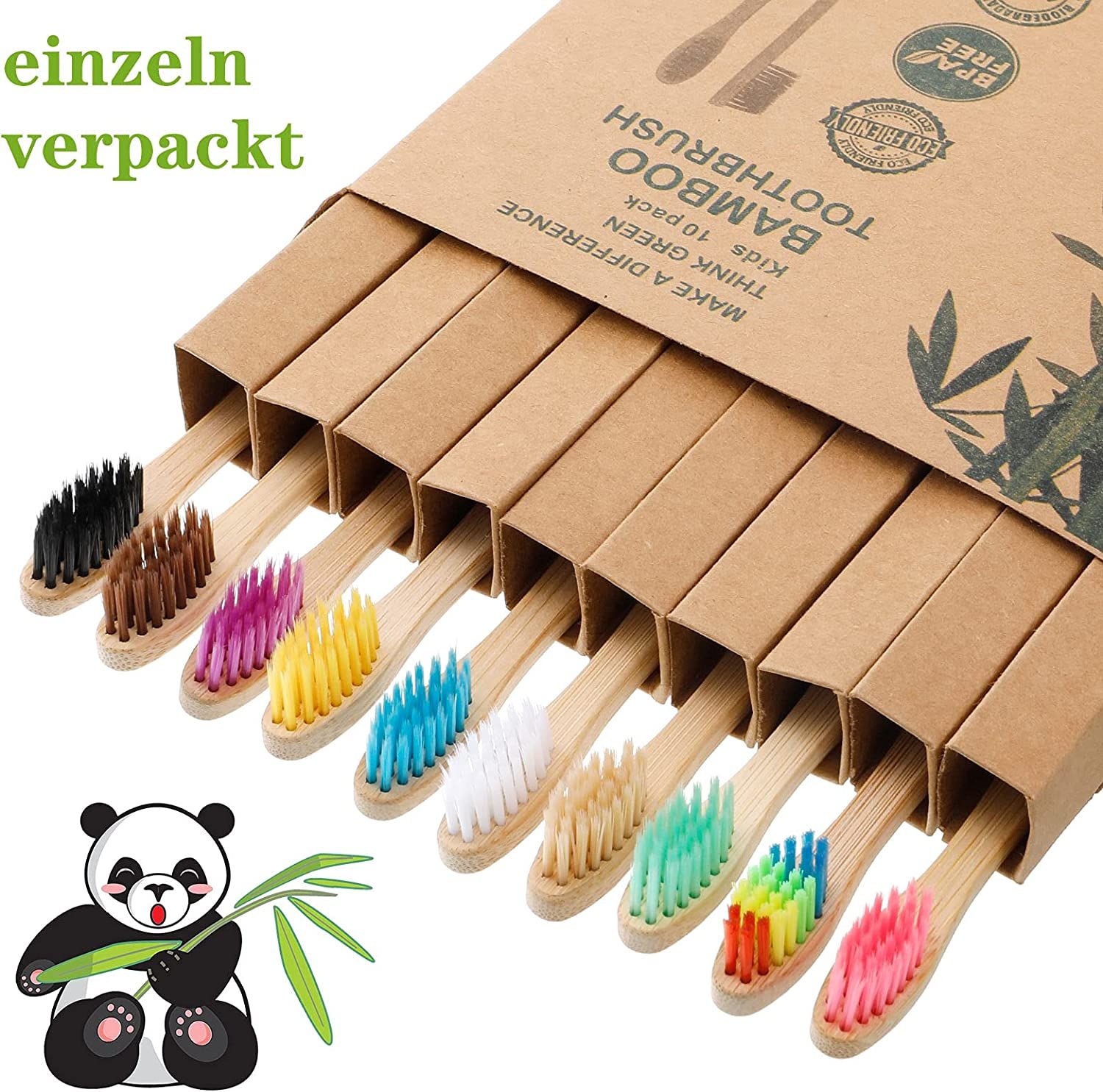 Brosses à dents dans un emballage marron, avec poils colorés, emballées individuellement, illustration panda.