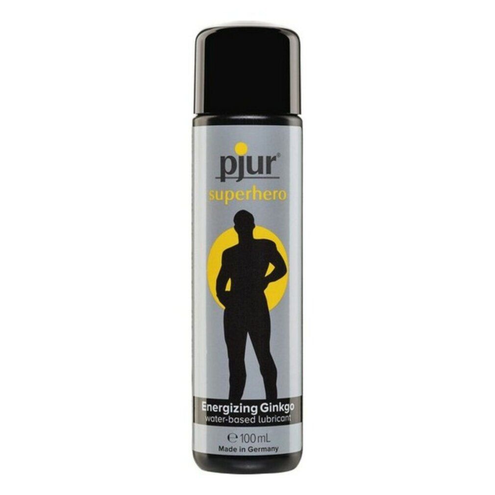 Flacon cylindrique noir et argent. Inscription: pjur, superhero, energizing ginkgo. Contient 100 ml.