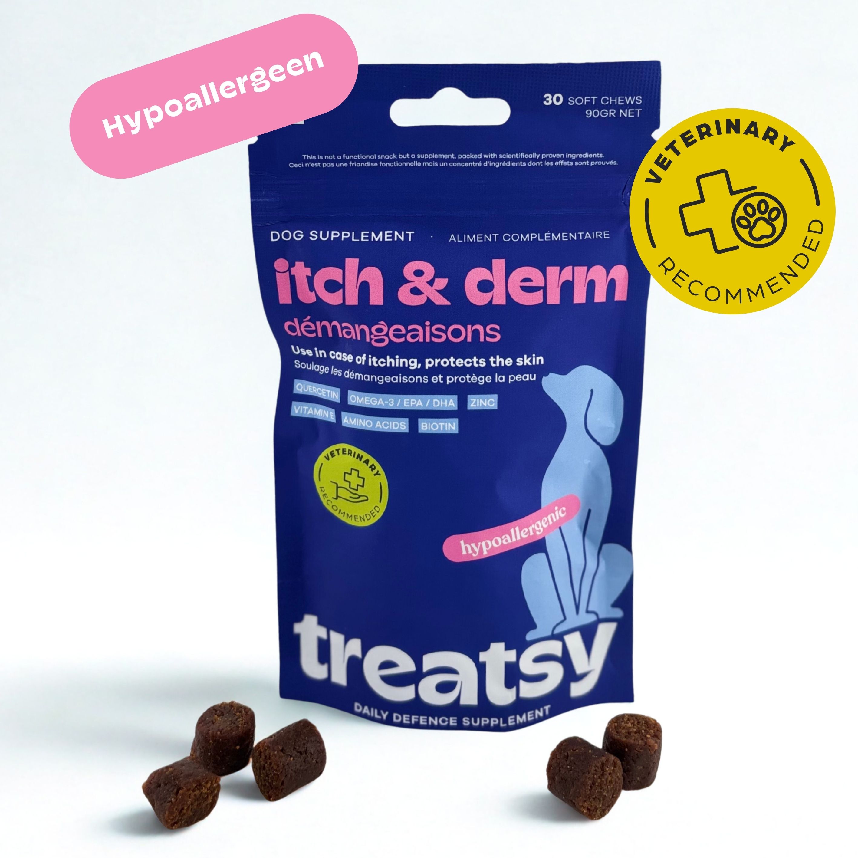Blauwe zak met "itch & derm" en "Treatsy". Bevat 30 soft chews. Met "Hypoallergeen" en dierenartslogo.