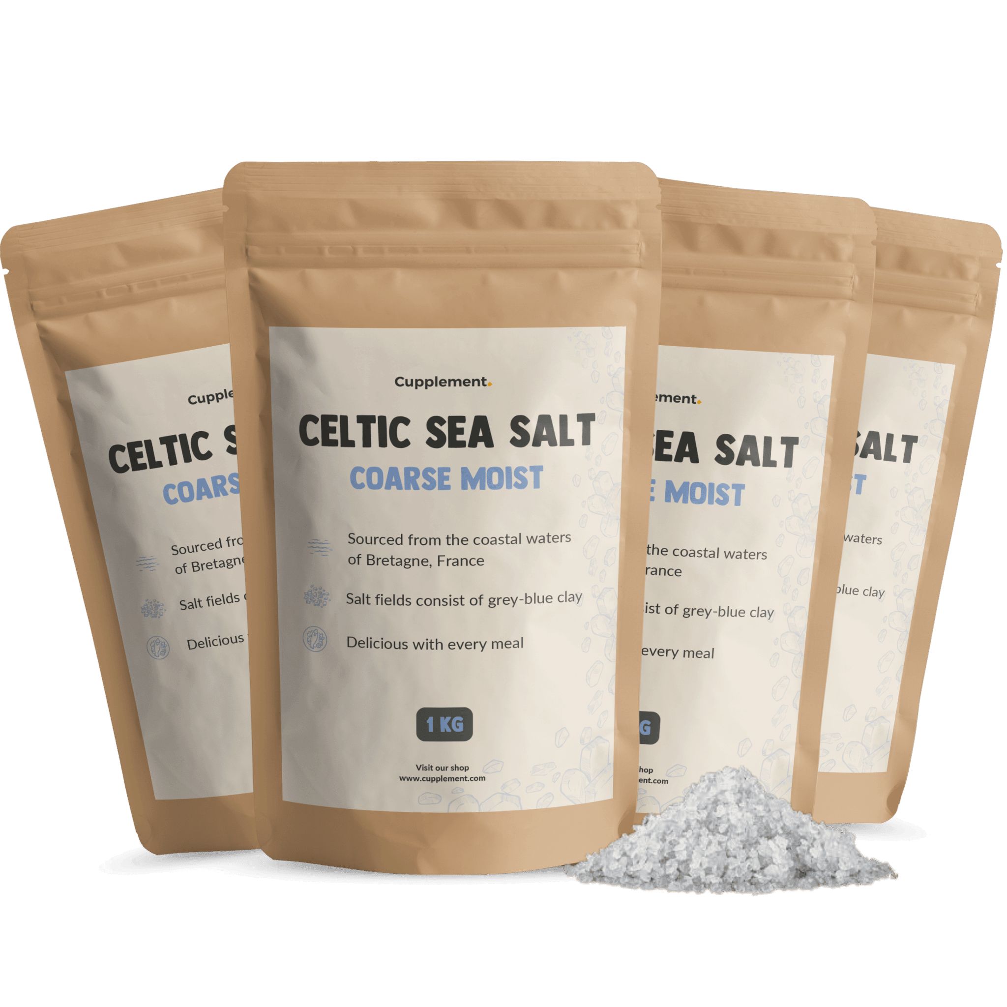 Meerdere zakken Cupplement® Keltisch zeezout, grof, vochtig. Opschrift: Celtic Sea Salt, 1 kg.