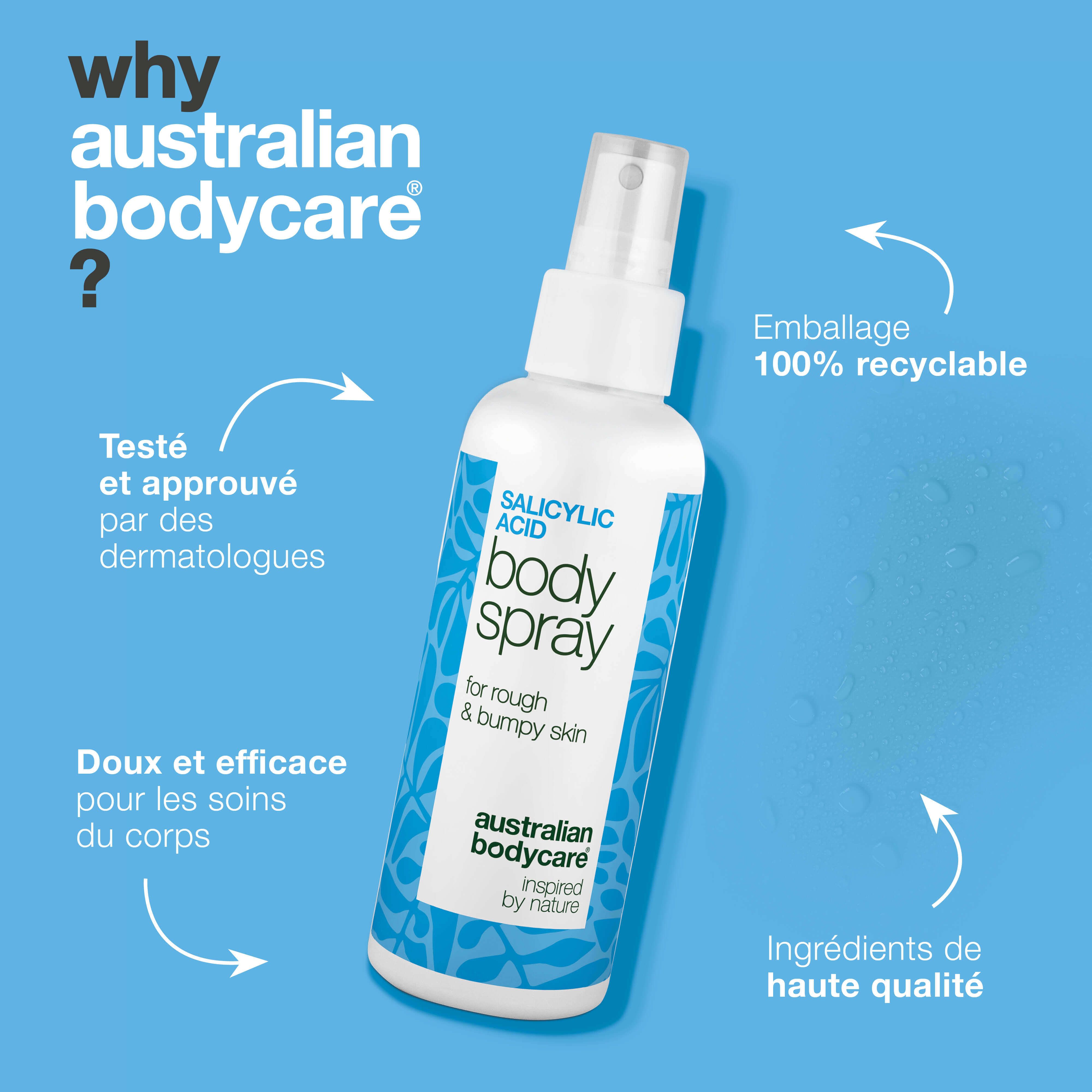 Flacon spray avec texte : Salicylic Acid Body Spray. Texte : Testé par des dermatologues, emballage 100% recyclable. Marque : Australian Bodycare.
