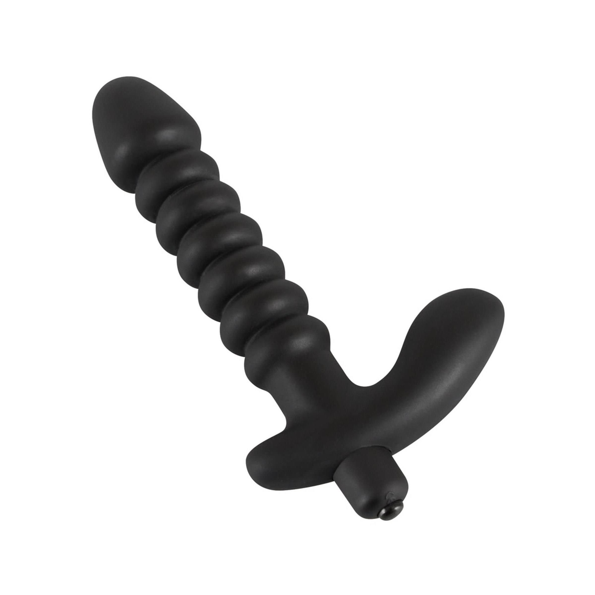 Zwarte vibrator, geribbelde schacht en gebogen handvat, close-up.