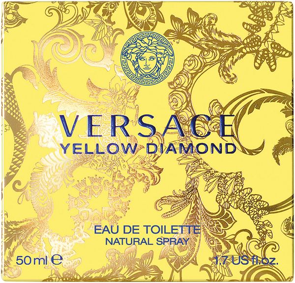 Gele verpakking van Versace Yellow Diamond. Logo en opschrift Versace. Geel design met bloemmotieven. 50ml en 1.7 US fl.oz.
