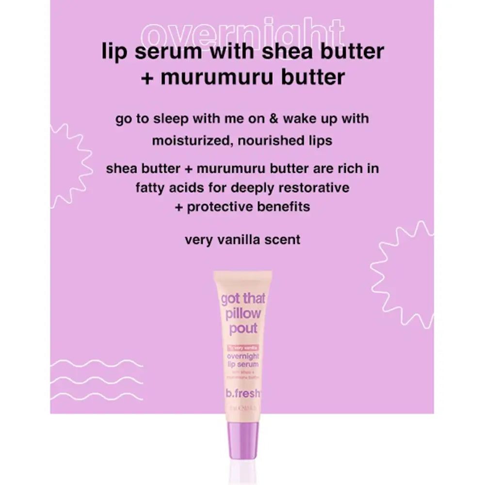 Publicité pour un sérum à lèvres. Texte : Sérum de nuit pour les lèvres avec beurre de karité + beurre de murumuru. Marque : b.fresh. Produit en tube.