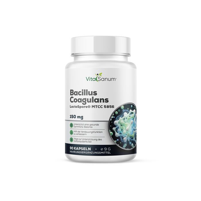 VitaSanum® Bacillus Coagulans LactoSpore® Capsules, 90 stuks. Witte container met etiket met bacteriële kweek.