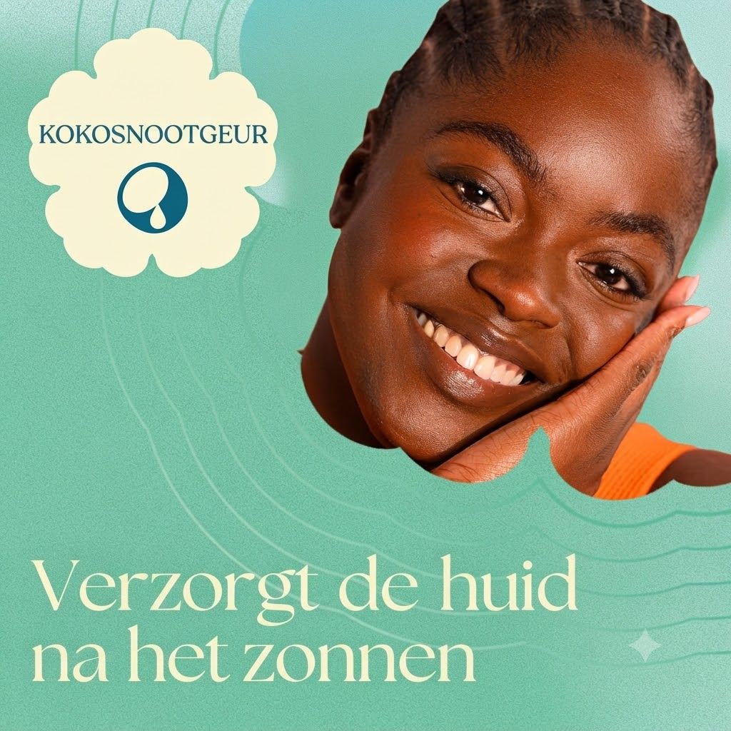 Vrouw met donkere huid lacht, hand op kin. Links bovenaan: wolk met "Kokosnootgeur" en druppelsymbool.