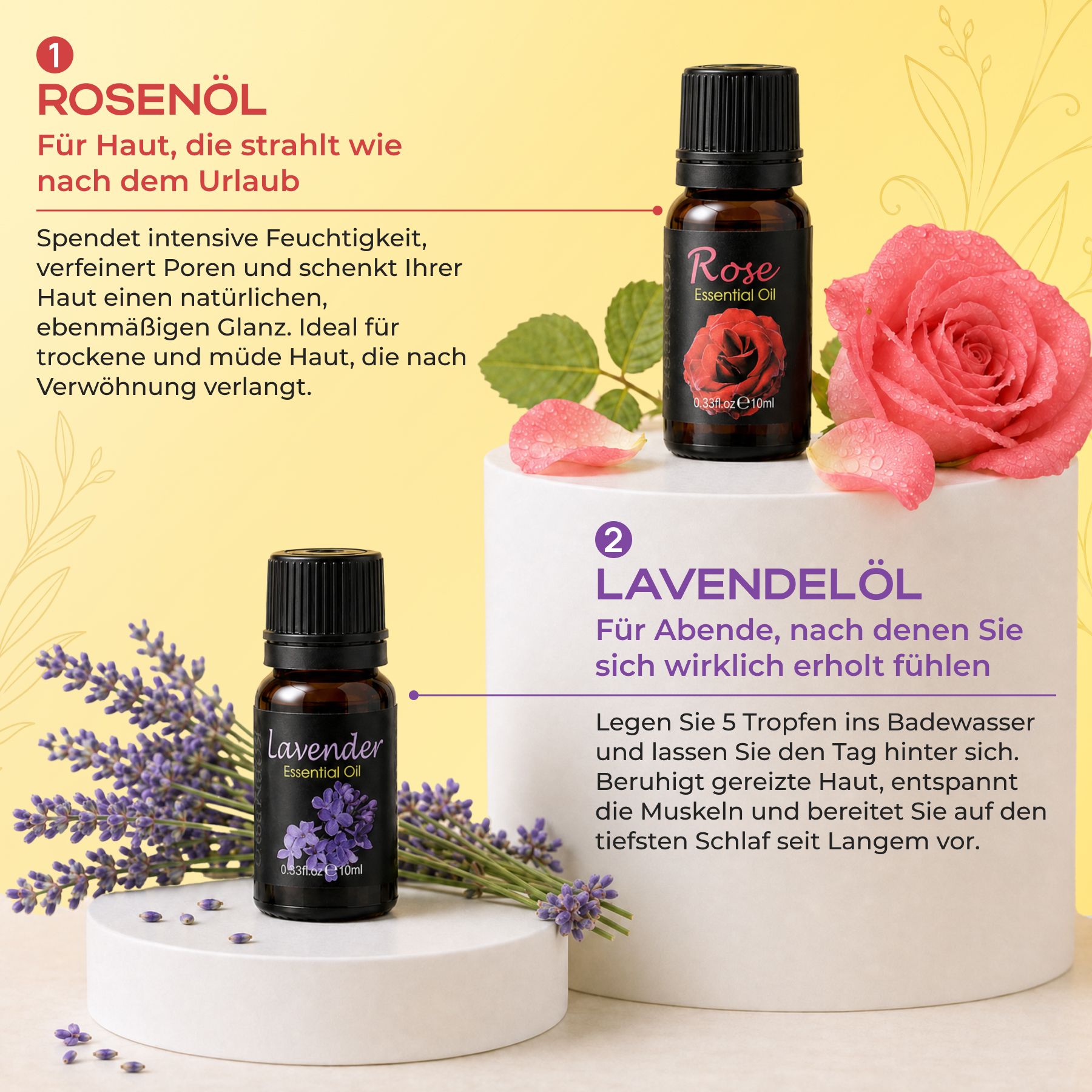 Flacon en verre foncé avec bouchon noir, étiquette avec une rose rouge et inscription 'Rose Essential Oil'.
